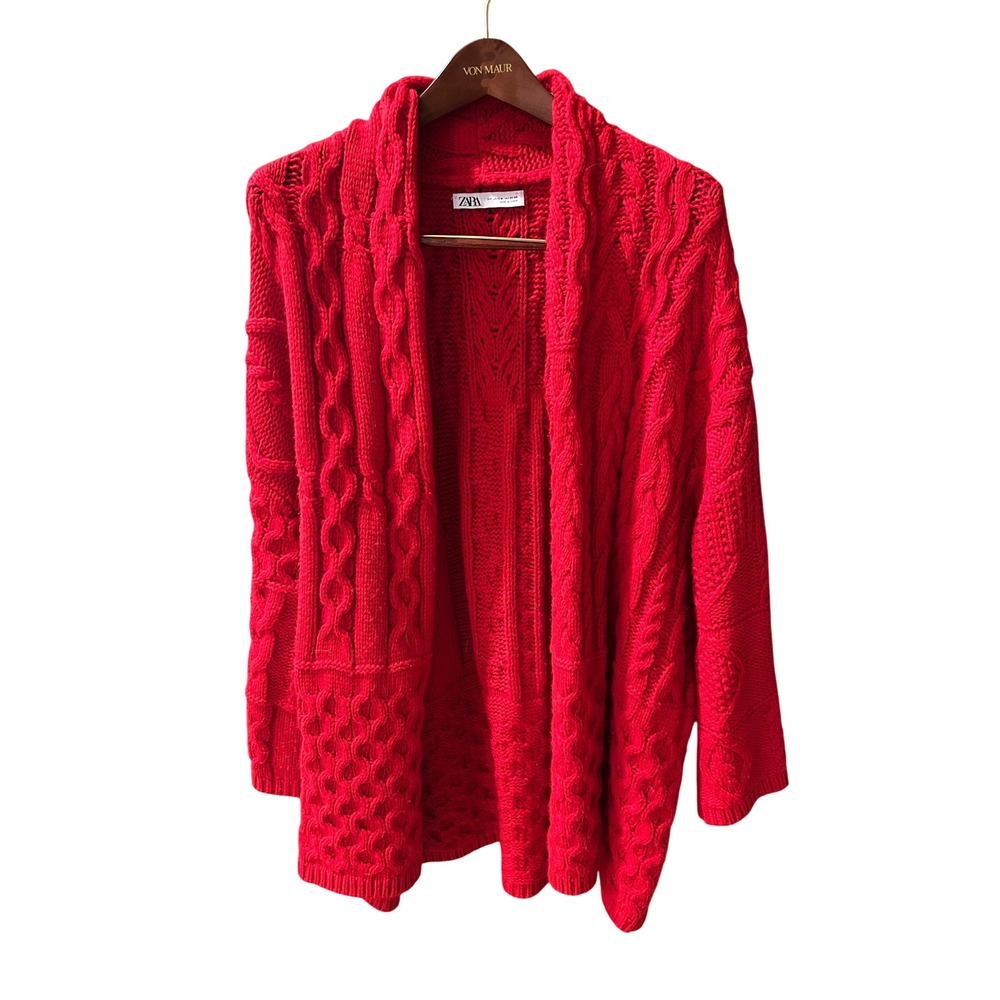 Zara Red Cable Knit Cardigan Wool Blend Open Front Shawl Collar Sweater S M